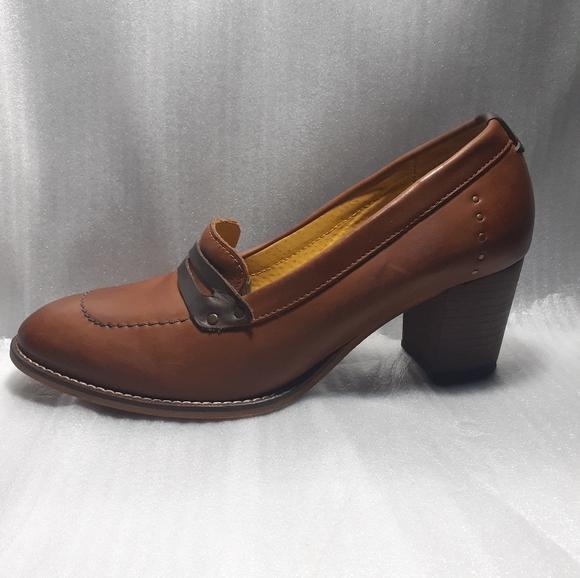 Kickers Shoes - COGNAC 100%LEATHER BROWN STACKED HEEL LOAFER 38